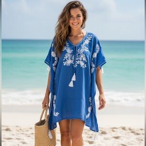 Debbie Katz South Beach cotton blue white embroidered beach cover-up